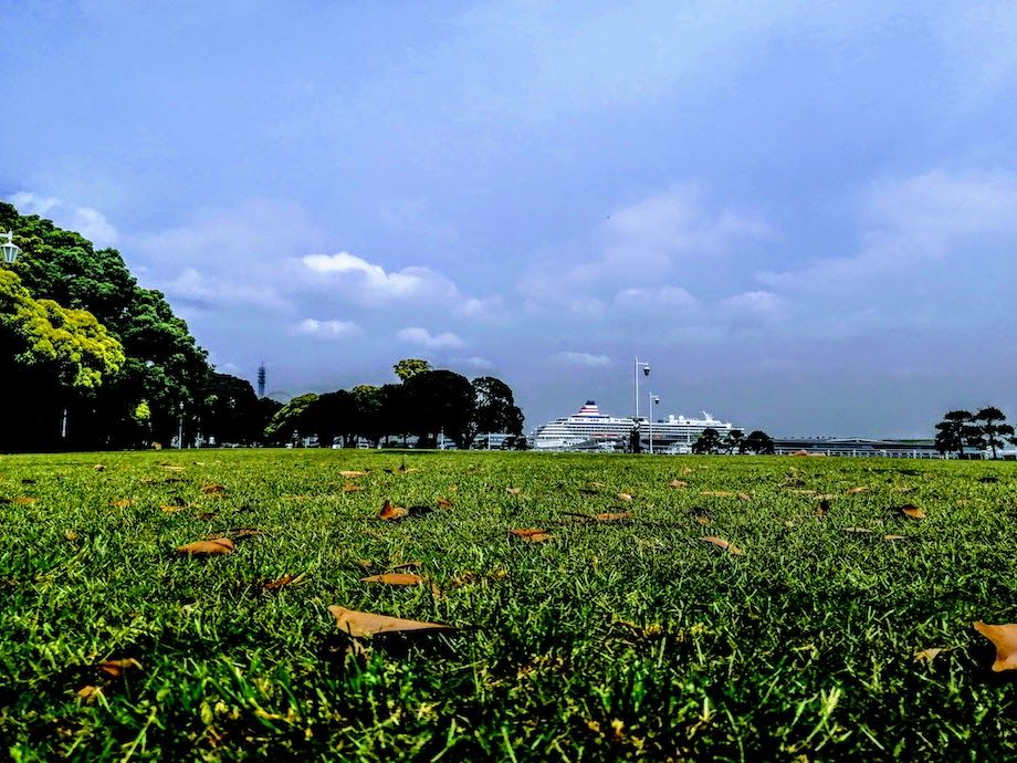 横浜おすすめジョギングコース、山下公園の芝生コースの画像